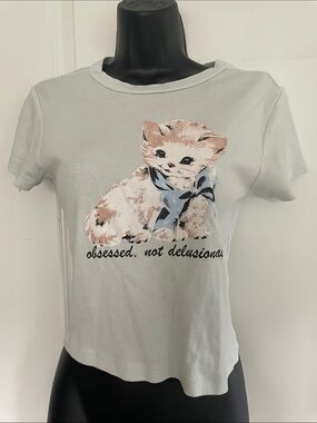 Full Tilt Light Blue Cat Graphic Tee “Obsessed not Delusional”